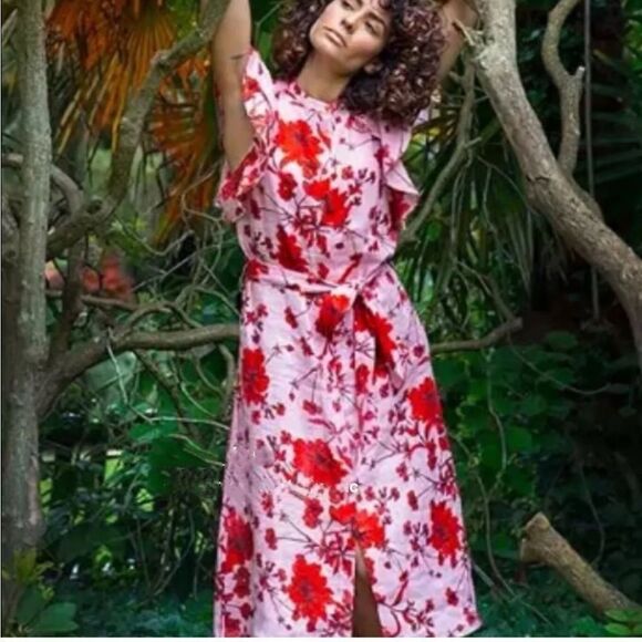 ZARA Woman Linen Blushing Blossom Ruffle Midi Dress XS - Picture 4 of 8